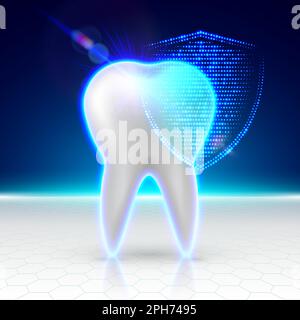 Dente bianco protetto da uno schermo digitale luminoso. Protezione anti-carie. Stile moderno e futuristico. 3D illustrazione del vettore. Illustrazione Vettoriale