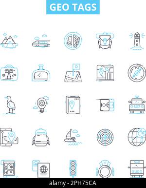 Icone delle linee vettoriali dei tag geografici impostate. Geolocalizzazione, geotagging, Geotag, coordinate, GPS, Latitudine, longitudine, illustrazione contorni simboli concetti e. Illustrazione Vettoriale