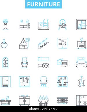 Set icone linea vettoriale mobili. Mobili, Sedie, Tavoli, Divani, scrivania, Sgabelli, illustrazioni armadio delineano simboli e segni concettuali Illustrazione Vettoriale