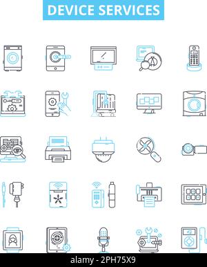 Icone delle linee vettoriali dei servizi della periferica impostate. Dispositivo, servizi, Riparazione, rete, computer, Manutenzione, illustrazione diagnostica, descrizione dei simboli e dei concetti Illustrazione Vettoriale