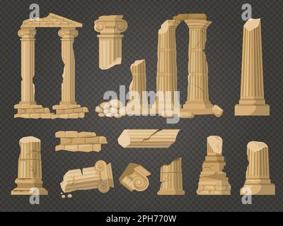Pilastri rovine. Antichi oggetti architettonici danneggiati rovine dell'edificio esterno recenti illustrazioni vettoriali in stile piatto Illustrazione Vettoriale