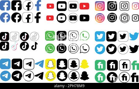 Facebook, YouTube, Instagram, TikTok, WhatsApp, Twitter, telegramma, Snapchat, Fiverr, pulsante app logotipo sia in linea che icone piatte. Insieme di realistico Illustrazione Vettoriale