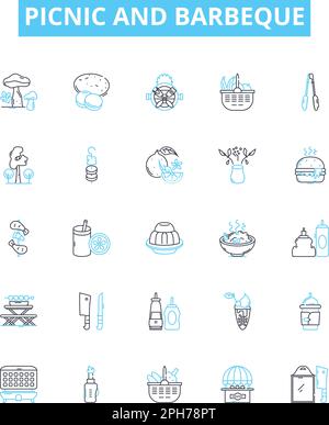 Icone di linee vettoriali per picnic e barbecue. Picnic, barbecue, barbecue, all'aperto, barbecue, Cookout, illustrazione di festa delineano i simboli e i segni di concetto Illustrazione Vettoriale