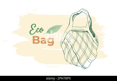 Collezione Eco Grocery Shopping Bags disegnata a mano. Illustrazione vettore d'arte Black Doodle Line. No plastica, Go Green, Eco friendly, busta di plastica libera Conc Illustrazione Vettoriale