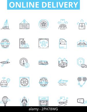 Icone linea vettore di consegna online impostate. Consegna, Online, eDelivery, Acquista, Acquista, Spedizione, Logistica illustrazione delineare i simboli e i segni del concetto Illustrazione Vettoriale