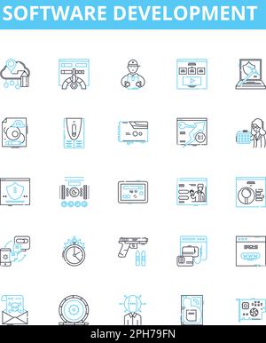Set di icone di linee vettoriali per lo sviluppo software. Software, sviluppo, programmazione, codifica, algoritmo, Architettura, struttura dell'illustrazione del debug Illustrazione Vettoriale