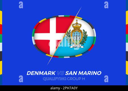 Danimarca vs San Marino icona per le qualifiche dei tornei europei di calcio, gruppo H. icona del concorso sullo sfondo stilizzato. Illustrazione Vettoriale