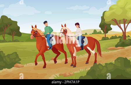 Equitazione all'aperto. Uomo e donna cavalcano i cavalli nella natura, gli amici di cavalcare camminano sulle spalle degli stalloni, maneggio o cavalieri di jockey equestri, ingegnosa illustrazione vettoriale di corsa dello stallone Illustrazione Vettoriale