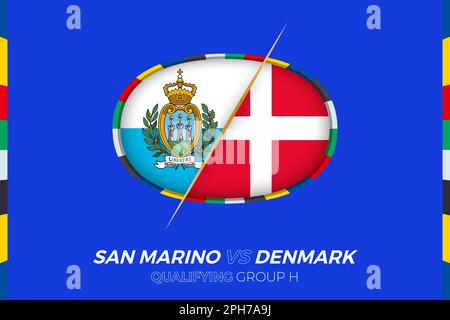 San Marino vs Danimarca icona per le qualifiche dei tornei europei di calcio, gruppo H. icona del concorso sullo sfondo stilizzato. Illustrazione Vettoriale