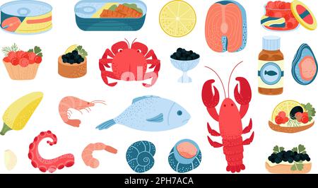 Ingredienti di pesce, calamari e gamberetti. Cartone animato piatto delizioso caviale crudo, sardine in lattina. Salmone isolato e granchio, decente cucina vettoriale di mare Illustrazione Vettoriale