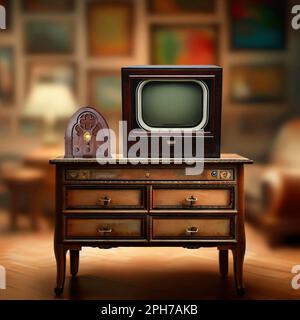 Una radio e una TV vintage su un elegante tavolo vintage Foto Stock