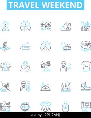 Set di icone linea vettoriale weekend di viaggio. Vacanza, viaggio, Weekend, Getaway, Vacanza, Tour, illustrazione della crociera, simboli e segnali concettuali Illustrazione Vettoriale