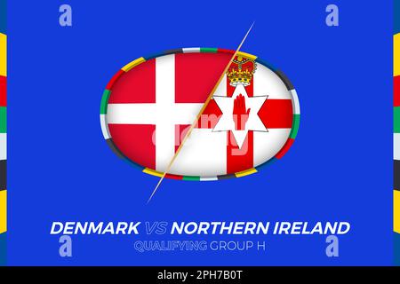 Danimarca vs Irlanda del Nord icona per le qualifiche dei tornei europei di calcio, gruppo H. icona del concorso sullo sfondo stilizzato. Illustrazione Vettoriale