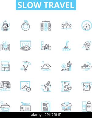 Icone linea vettoriale di marcia lenta impostate. Lento, Viaggi, sostenibile, Ecoturismo, responsabile, Illustrazione locale basata sulla comunità, simboli del concetto di contorno e. Illustrazione Vettoriale