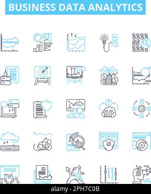 Set di icone di linee vettoriali per l'analisi dei dati aziendali. Business, dati, analisi, strategia, intelligence, Approfondimenti, grandi illustrazioni delineano i simboli del concetto Illustrazione Vettoriale