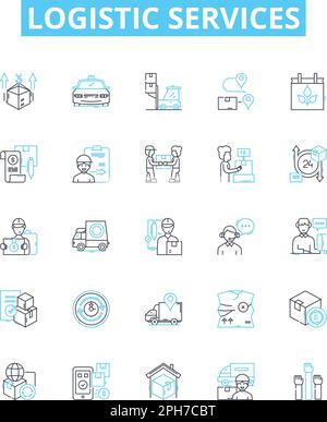 Set di icone di linee vettoriali per servizi logistici. Logistica, servizi, consegna, spedizione, trasporto, Gestione, illustrazione fornitura, simboli di concetto di contorno e. Illustrazione Vettoriale