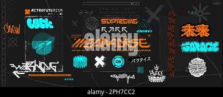Graffiti alla moda, scritte digitali, elementi brutalistici e forme astratte Illustrazione Vettoriale