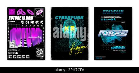 3D Set di modelli di poster retrò futuristici. Techno, Vaporwave, concetto acido Illustrazione Vettoriale