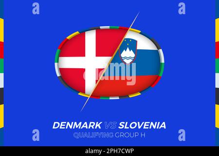 Danimarca vs Slovenia icona per le qualifiche dei tornei europei di calcio, gruppo H. icona del concorso sullo sfondo stilizzato. Illustrazione Vettoriale