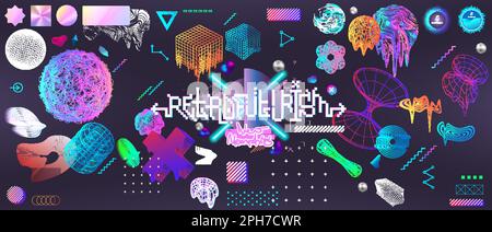 Set di forme geometriche 3D retrofuristiche alla moda. Ambientazione futuristica in stile vaporetto Illustrazione Vettoriale