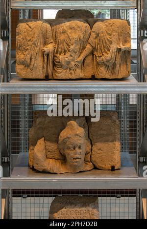 Due pietre a rilievo scolpite dalle tombe romane sullo scaffale dell'imponente Mura Lapidaria di Narbo Via, il nuovo Museo di Storia Romana di Narbonne. Foto Stock