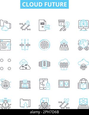 Set di icone future di linee vettoriali per cloud. Cloud, futuro, computing, intelligenza artificiale, IoT, L'illustrazione digitale della trasformazione illustra i simboli e i segni dei concetti Illustrazione Vettoriale