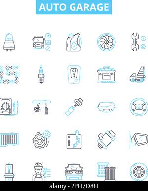 Set di icone di linee vettoriali auto garage. Auto, Garage, Riparazione, Assistenza, Messa a punto, OIL, Change Illustration simboli e segnali del concetto di contorno Illustrazione Vettoriale
