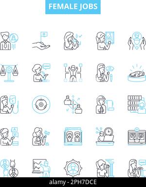 Icone delle linee vettoriali dei lavori femminili impostate. Infermiera, insegnante, ingegnere, receptionist, medico, Avvocato, Amministratore illustrazione delineare i simboli del concetto e. Illustrazione Vettoriale