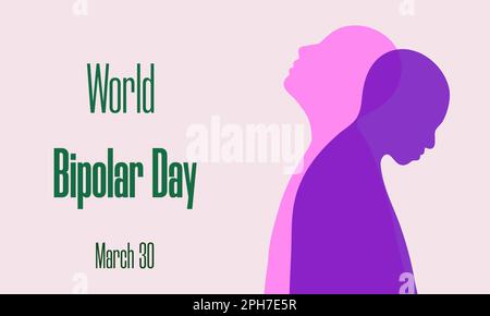 World Bipolar Day il 30 marzo concetto. Due sagome umane come simboli di depressione e mania. Illustrazione vettoriale per poster sociale, banner, scheda, Illustrazione Vettoriale