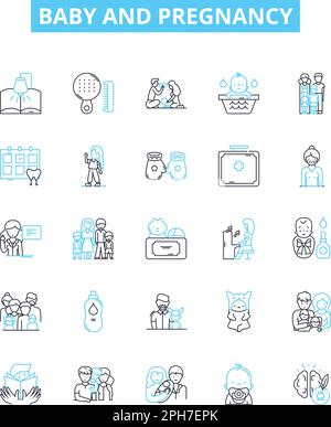 Set di icone di linee vettoriali per neonati e gravidanze. Neonato, maternità, Nurturing, parto, cura, L'illustrazione della mamma e del feto illustra i simboli e i segni dei concetti Illustrazione Vettoriale