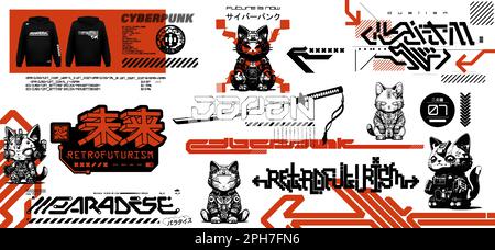 Design futuristico cyberpunk t-shirt, merchandising e streetwear. Cyber Maneki-neko Illustrazione Vettoriale