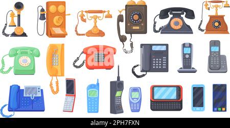 Telefoni e smartphone vintage. Primo telefono, cellulare o moderno smartphone set, invenzione di comunicazione di chiamata, retrò evoluzione cellulare vettore illustrazione della tecnologia smartphone telefono Illustrazione Vettoriale