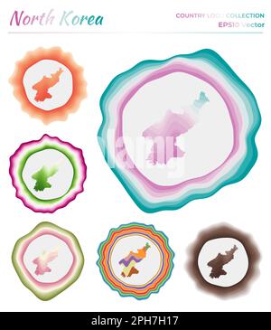 Collezione di logo della Corea del Nord. Distintivo colorato del paese. Strati intorno alla forma del confine con la Corea del Nord. Illustrazione vettoriale. Illustrazione Vettoriale