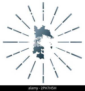 Scoppio di sole in pendenza di Patmos. Mappa dell'isola con raggi stellari colorati. Illustrazione Patmos in digitale, tecnologia, Internet, stile di rete. Illustrazione Vettoriale