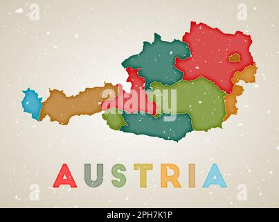 Mappa dell'Austria. Poster del paese con regioni colorate. Vecchia trama grunge. Illustrazione vettoriale dell'Austria con il nome del paese. Illustrazione Vettoriale