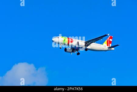 Lisbona, Portogallo - 25 marzo 2023: Airbus A320-214 gestito da TAP Air Portugal (numero di registrazione: CS-TMW) nel cielo sopra la città di Lisbona Foto Stock