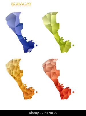 Set di mappe poligonali vettoriali di Boracay. Mappa dell'isola con gradiente luminoso in basso stile polietilene. Illustrazione Vettoriale