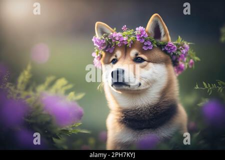 Cucciolo carino della razza Shiba Inu con una corona di fiori di lilla sullo sfondo di un prato fiorito, ritratto. Foto Stock