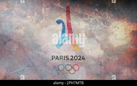 PARIGI, FRANCIA, marzo 2023: Vista dall'alto della bandiera dei giochi olimpici francesi 2024 con texture grunge. nessun flagpole. Progettazione del piano, layout. Logo ufficiale di SOG Foto Stock