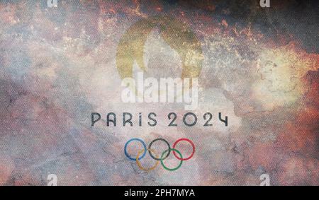 PARIGI, FRANCIA, marzo 2023: Vista dall'alto della bandiera dei giochi olimpici francesi 2024 con texture grunge. nessun flagpole. Progettazione del piano, layout. Logo ufficiale di SOG Foto Stock