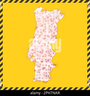 Portogallo chiuso - segnale di pericolo del virus. Icona del paese di blocco. Bordo a strisce nere intorno alla mappa con il concetto di diffusione del virus. Illustrazione vettoriale. Illustrazione Vettoriale