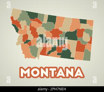 Poster del Montana in stile retrò. Mappa dello stato degli Stati Uniti con regioni nella tavolozza dei colori autunnali. Forma del Montana con il nome dello stato degli Stati Uniti. Illustrazione Vettoriale