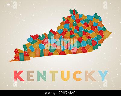 Mappa del Kentucky. Poster di stato DEGLI STATI UNITI con regioni colorate. Vecchia trama grunge. Illustrazione vettoriale del Kentucky con il nome dello stato statunitense. Illustrazione Vettoriale