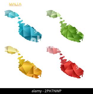 Serie di mappe poligonali vettoriali di Malta. Mappa dell'isola con gradiente luminoso in basso stile polietilene. Illustrazione Vettoriale