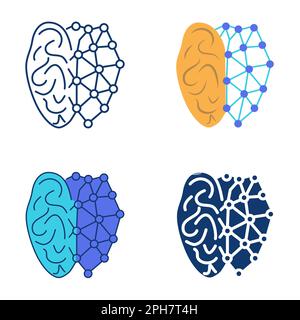 Icona di apprendimento automatico impostata in stile piatto e lineare. Cervello umano e intelligenza artificiale, algoritmo di studio delle informazioni. Illustrazione vettoriale. Illustrazione Vettoriale