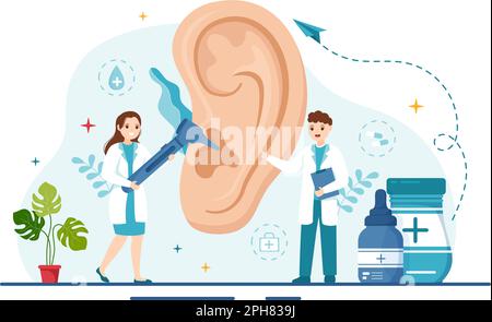 Illustrazione di Otorhinolaryngologist con medico relativa all'orecchio, al naso e alla gola in modelli di landing page disegnati a mano di Cartoon piano sanitario Illustrazione Vettoriale