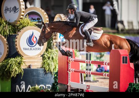 Kent Farrington dagli Stati Uniti compete durante la tappa del tour di salto del Major League Show 2022 presso l'Angelstone Tournaments in Canada. Foto Stock