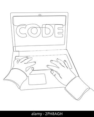 Una linea continua di uomo con il laptop e il testo del codice. Concetto di vettore di illustrazione a linea sottile. Disegno di contorno idee creative. Illustrazione Vettoriale