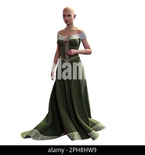 Bald Medieval Fantasy Woman in abito lungo su sfondo bianco isolato, 3D Illustrazione, rendering 3D Foto Stock