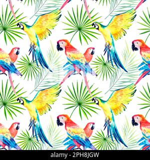 Un modello di pappagalli di macaws. Collage tropicale. Acquerello animali. Uccelli esotici. Pappagallo giallo-verde. Illustrazione acquerello Foto Stock